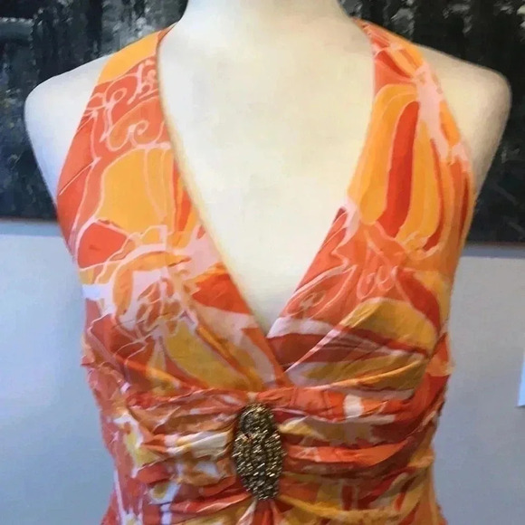 KAY UNGER Orange Silk Ruffled Front Halter Dress with Brooch Peephole Back-8 - Picture 5 of 10